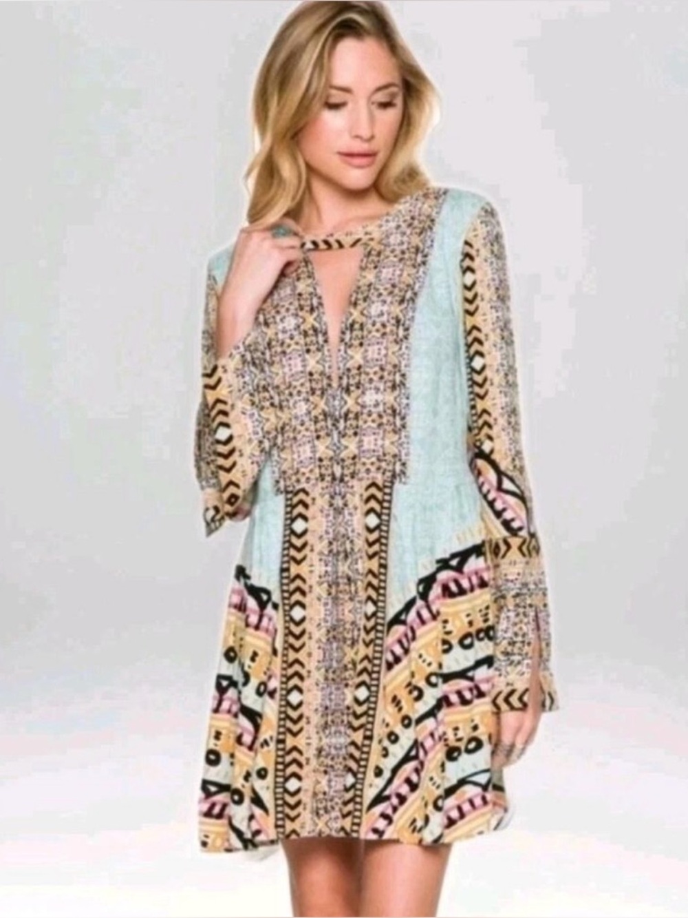 Free People Tegan Boarder Printed Mini Boho Fit & Flare Dress Women’s Size 2
